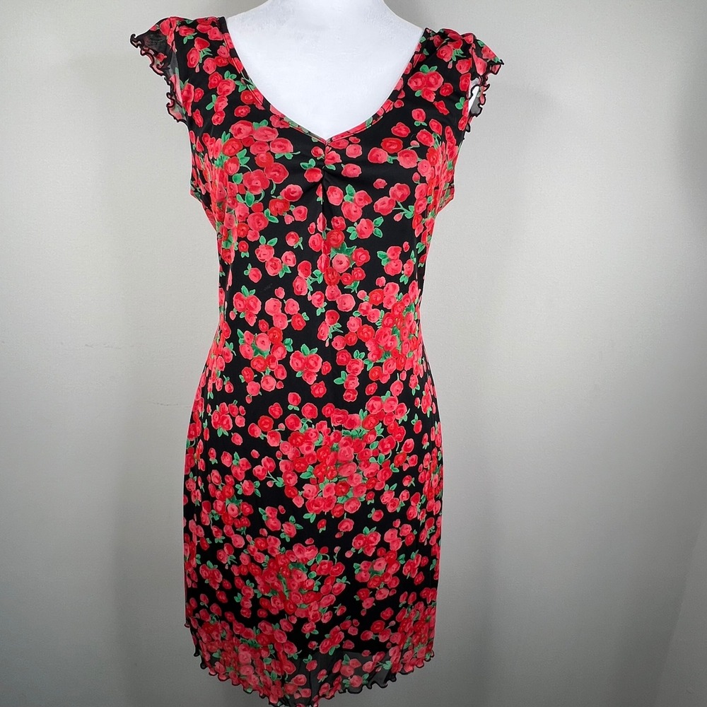 Y2K Sheer Mesh Floral Dress Lettuce Hem Rose Print